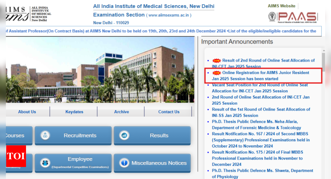 AIIMS Junior Resident January 2025 session registration begins at aiimsexams.ac.in, check direct link here