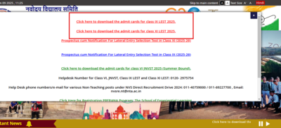 JNVST Class 9, 10 LEST admit card 2025 released at navodaya.gov.in: Direct link to download here