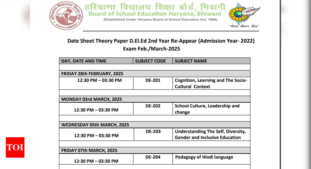 Haryana DElEd 1st & 2nd Year Re-appear Exam Timetable Released: Check Complete Schedule Here