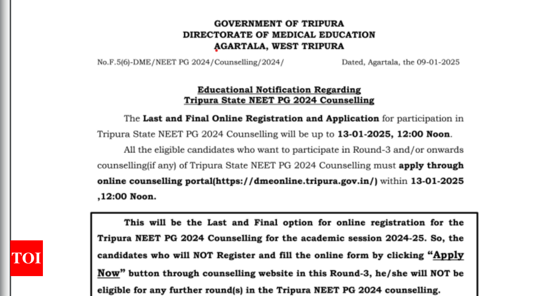 Tripura NEET PG 2024 Counselling round 3 registration extended till January 13, check details here