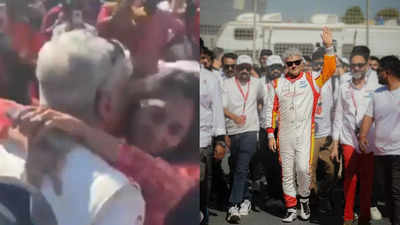 Ajith Kumar affectionately kisses wife Shalini after his victory at the Dubai 24H series race; fans mob the star with joy