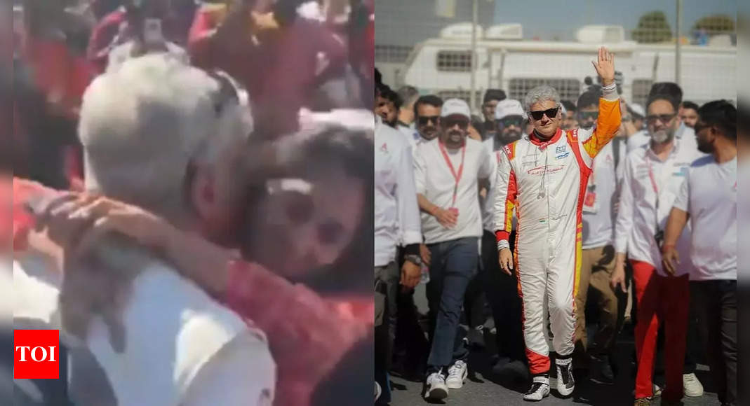 Ajith Kumar affectionately kisses wife Shalini after his victory at the Dubai 24H series race; fans mob the star with joy