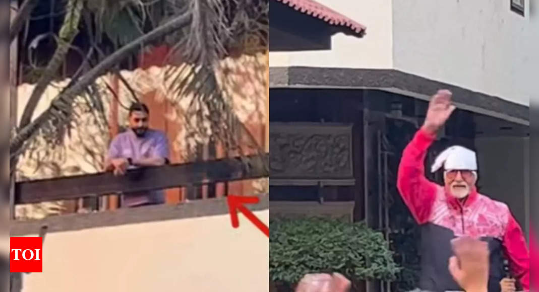 Abhishek Bachchan proudly watches Amitabh Bachchan greeting fans in front of Jalsa on Sunday from the first floor-Watch