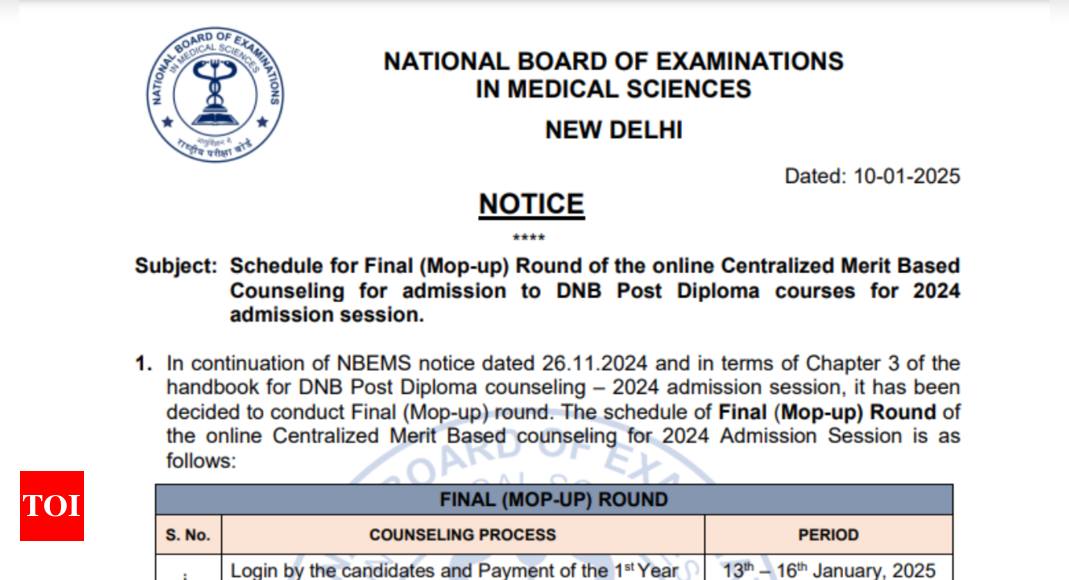 NBEMS DNB Post-Diploma Mop-Up Round Counselling 2024 schedule released, choice filling begins today | 