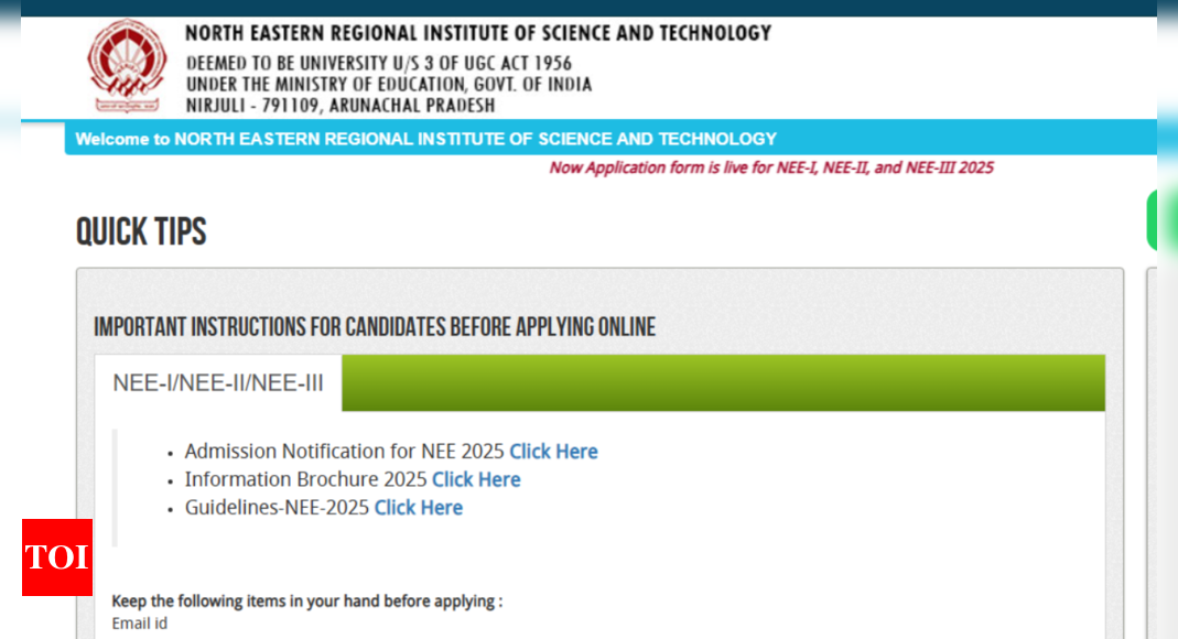 NERIST NEE 2025 application process begins: Check direct link here