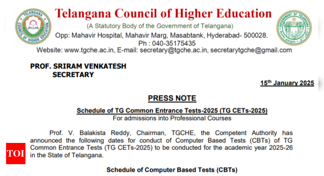 Telangana Common Entrance Test (TG CETs) 2025 scheduled announced at tgche.ac.in: Check important dates here 