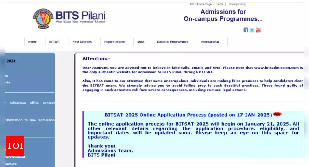 BITSAT 2025 registration date announced at bitsadmission.com: Check details here - The Times of India