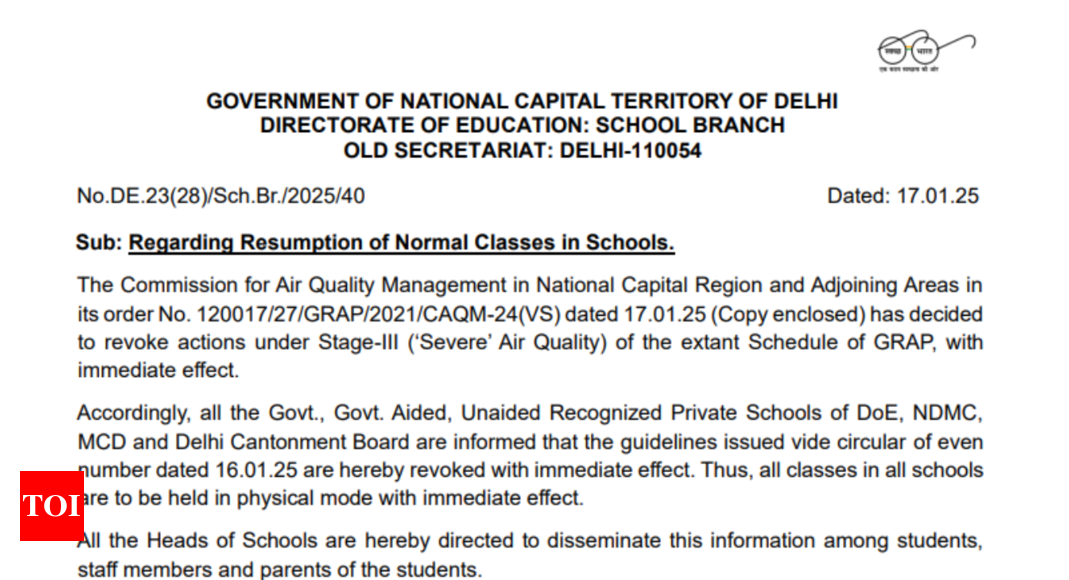 DoE Delhi issues notice regarding physical classes for all schools, check details here - The Times of India