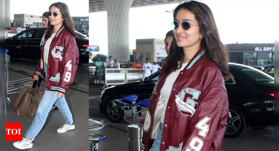 Shraddha Kapoor's nails the airport look with trendy Varsity jacket