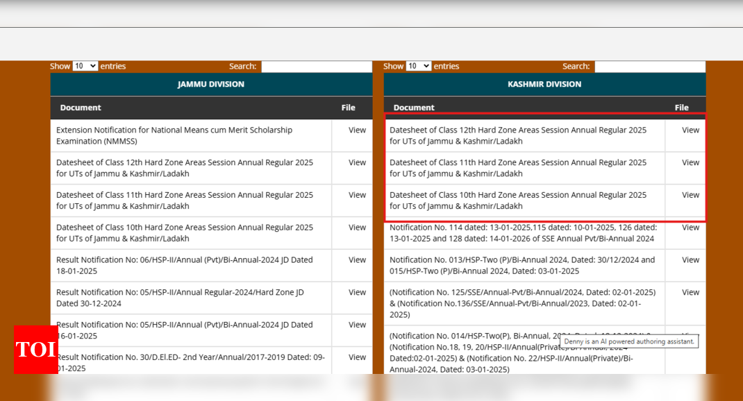 JKBOSE Class 10-12th exam dates for hard zone areas released: Check schedule here - The Times of India