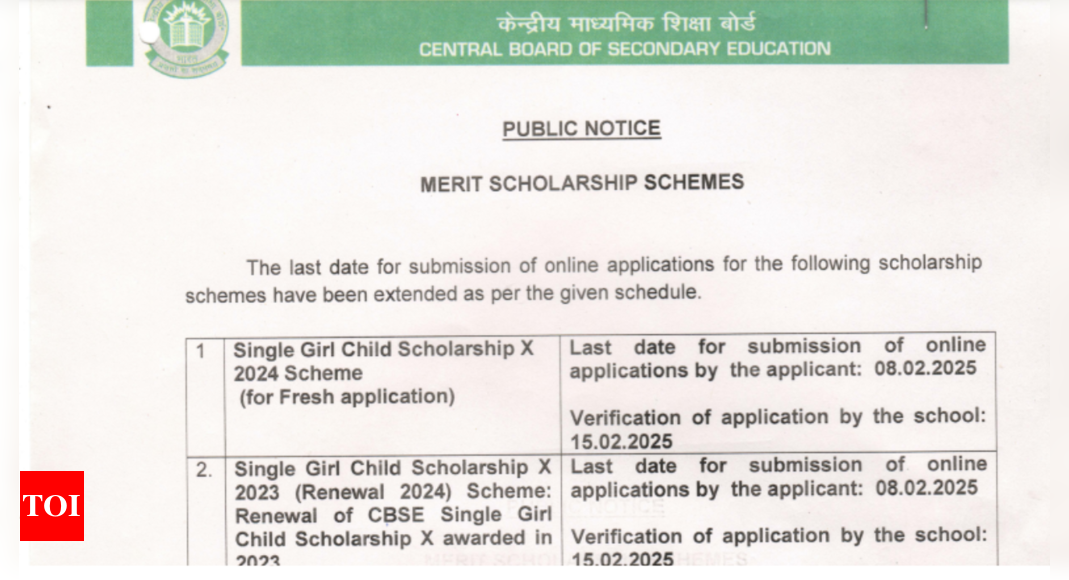 CBSE extends Single Girl Child Scholarship 2024 registration deadline: Check official notice here - The Times of India