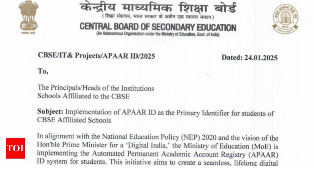 CBSE issues notice on implementation of APAAR ID in affiliated schools: Check details here - The Times of India