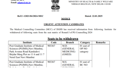 MCC issues notice regarding withdrawal of 10 seats from NEET PG 2024 Counselling round 3: Check Details Here – The Times of India