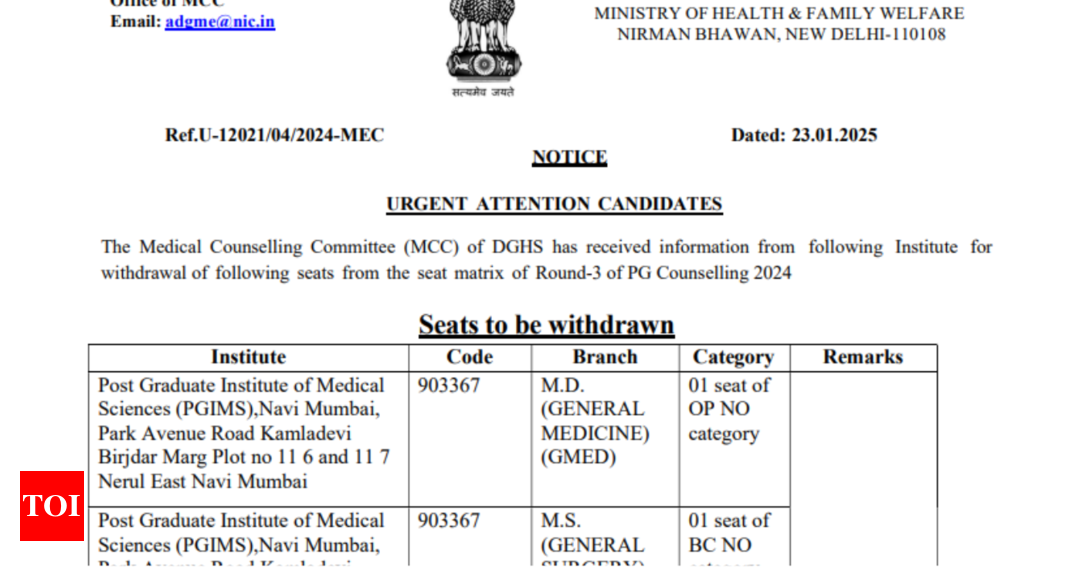 MCC issues notice regarding withdrawal of 10 seats from NEET PG 2024 Counselling round 3: Check Details Here - The Times of India