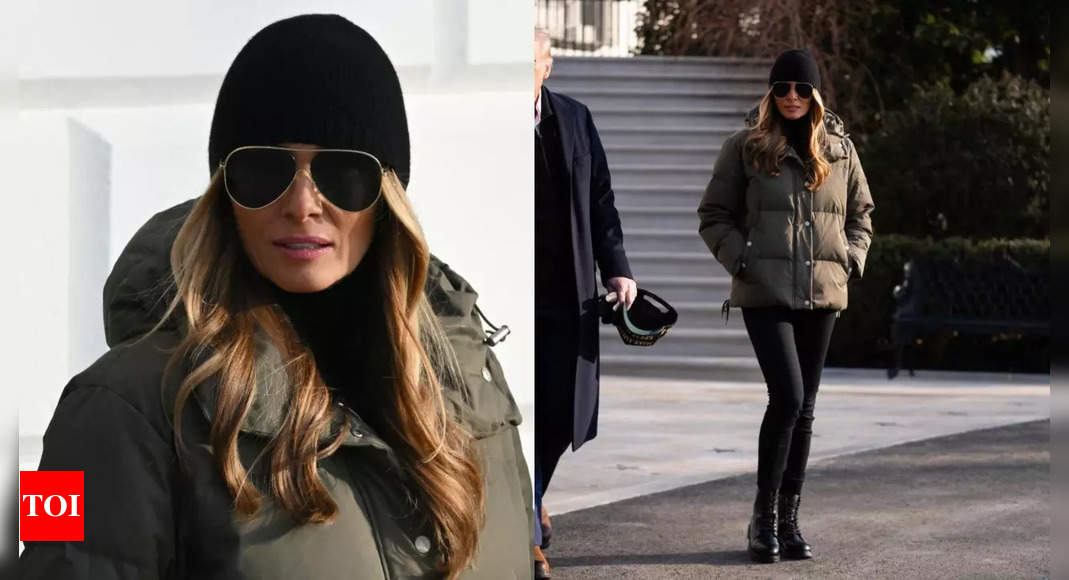 ​First Lady Melania Trump picks a cozy puffer coat and black jeans as she heads to North Carolina