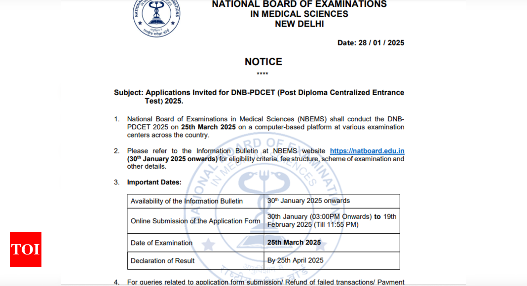 DNB PDCET schedule 2025 released: Check important dates here - The Times of India