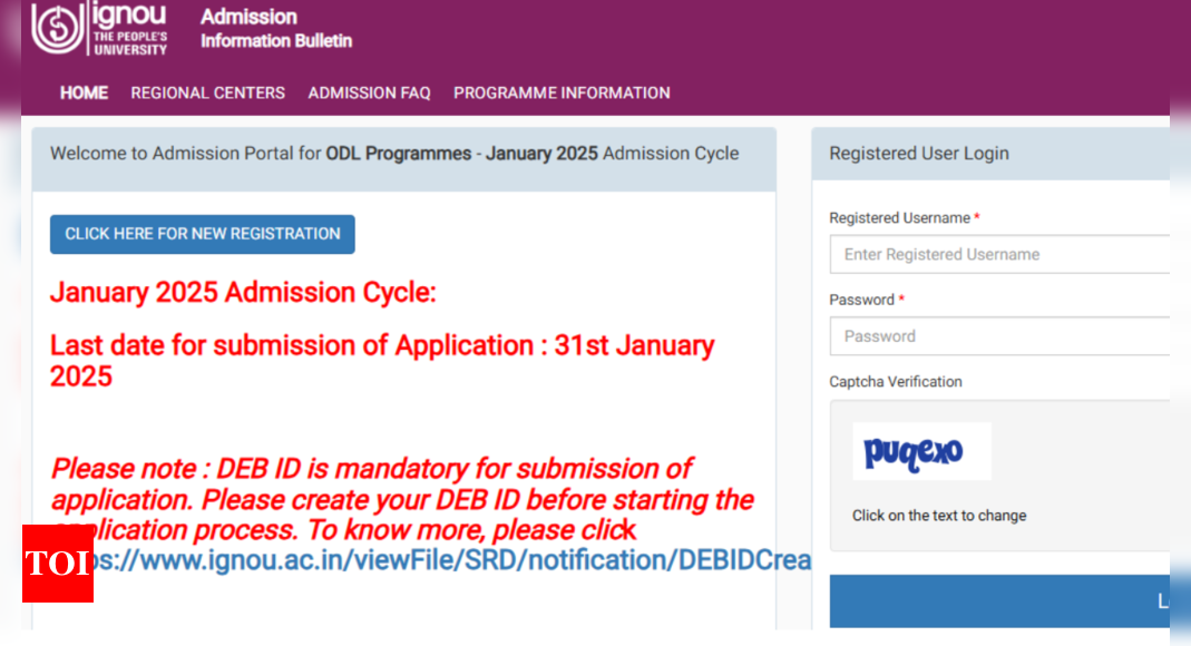 IGNOU January 2025 admission registration for ODL programmes to end tomorrow: Check direct link to apply here - The Times of India