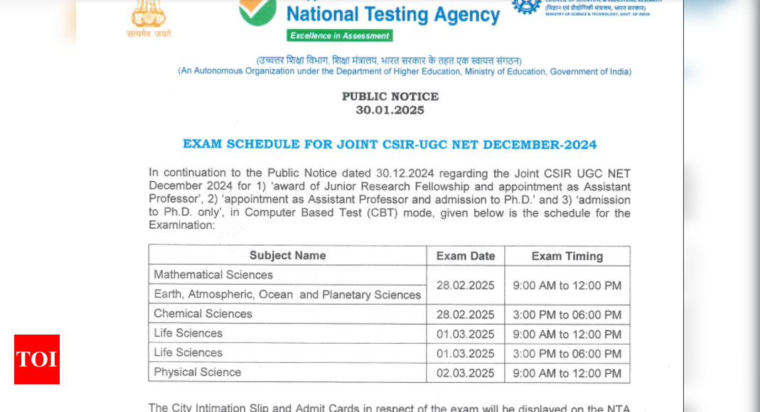 CSIR UGC NET December 2024 date sheet released: Check complete schedule here - The Times of India