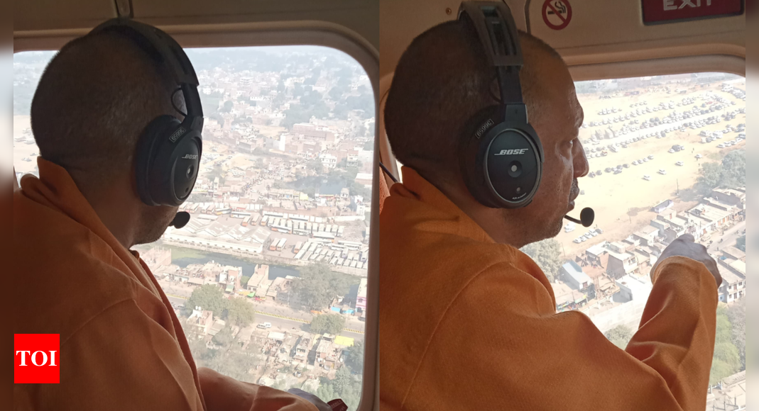 UP CM Yogi Adityanath conducts aerial survey, inspects stampede site