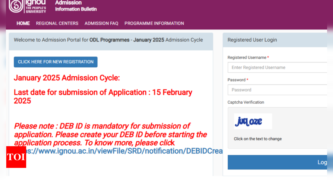 IGNOU January 2025 admission cycle registration deadline extended, check details here - The Times of India