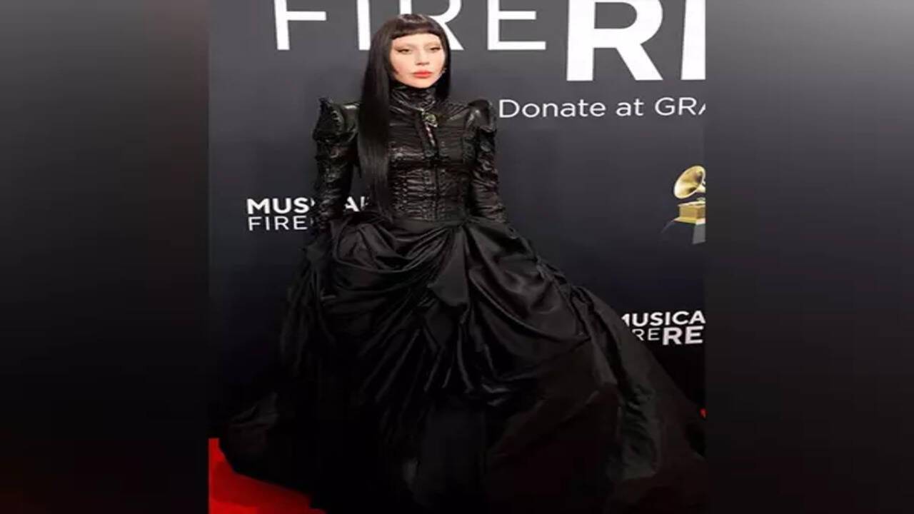 lady gaga grammys 2025 dress wows in all-black Vivienne Westwood Gown at the | English Movie News long sleeve short tight dresses