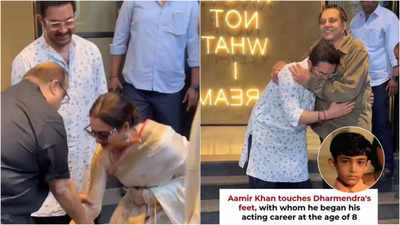 Rekha touches Rajkumar Santoshi's feet, hugs Ira Khan; Aamir Khan seeks Dharmendra's blessings at Loveyapa screening