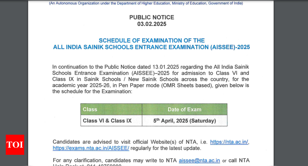 AISSEE 2025 entrance exam schedule released: Check important dates here - The Times of India