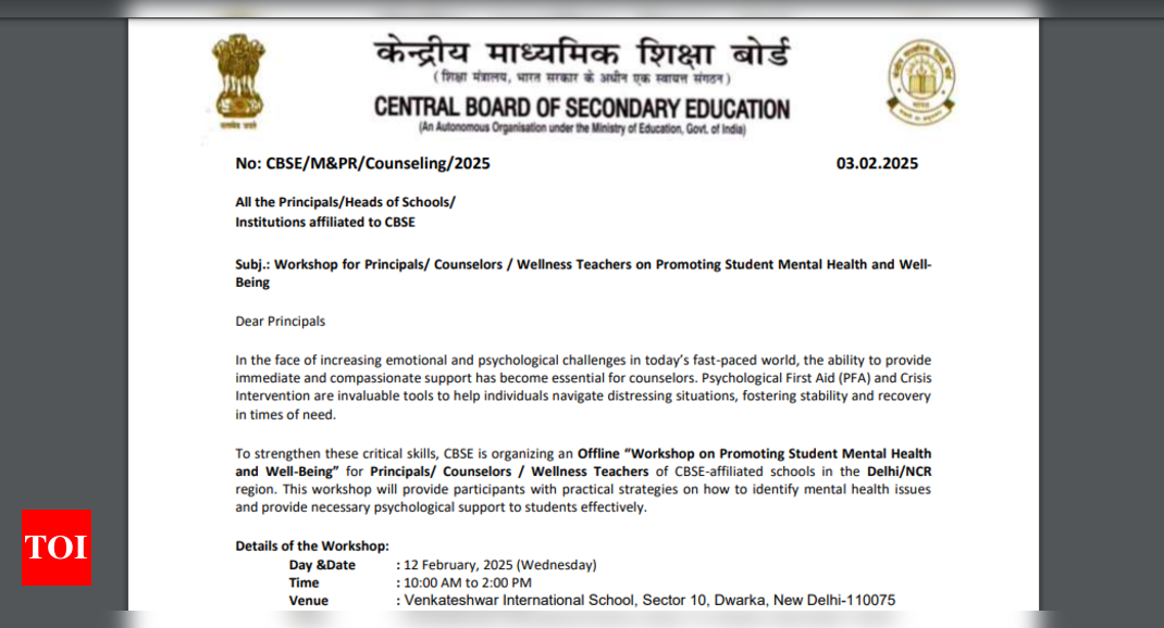 CBSE to conduct mental health workshop in February: Check key details, benefits and steps to register - The Times of India