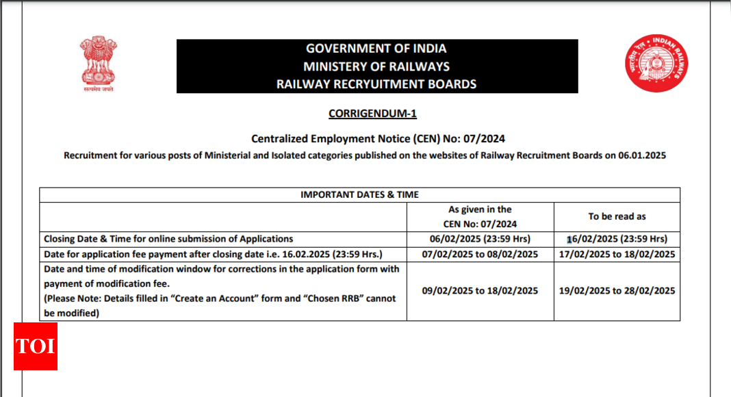 RRB Recruitment 2025: Registration deadline extended for over 1000 posts in Ministerial and Isolated categories, Check direct link to apply here