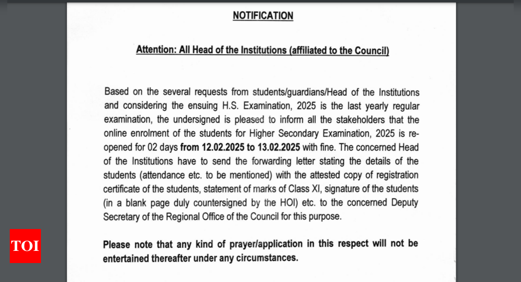 West Bengal HS exam 2025: WBCHSE to open online enrolment again, Check important details here - The Times of India