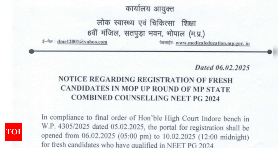 DME Madhya Pradesh reopens MP NEET PG counselling registration for fresh candidates, check details here - The Times of India