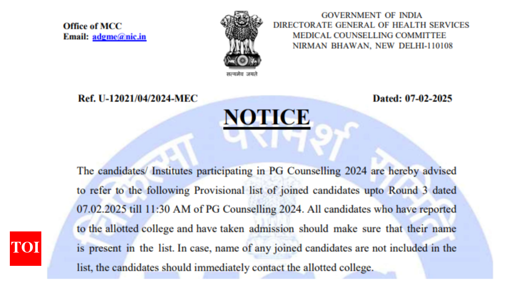 MCC issues NEET PG counselling 2024 round 3 provisional allotment list, check direct link here | - The Times of India