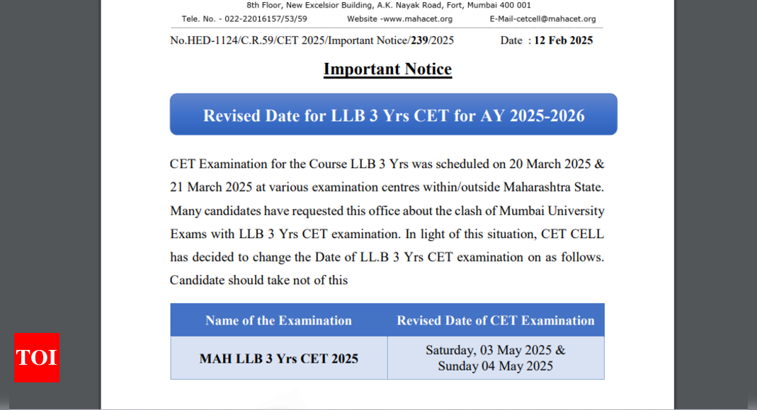 MAH LLB 3 yrs CET exam 2025 date revised: Check updated schedule here