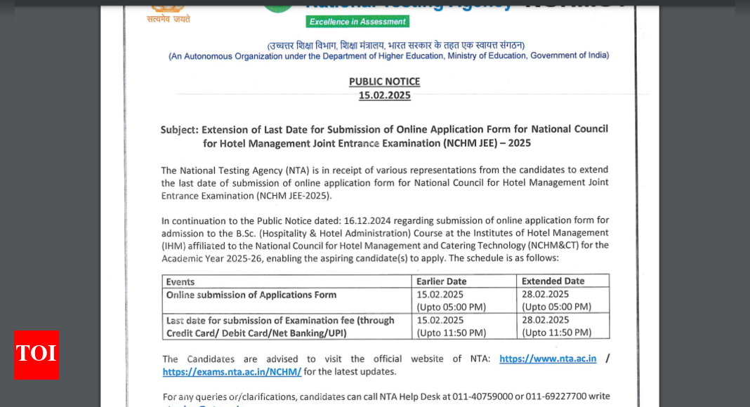 NCHM JEE 2025 application deadline extended: Check important dates and direct link to register here