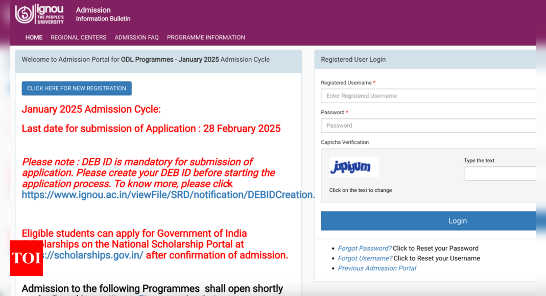 IGNOU January 2025 admission registration deadline extended: Check direct link and other details. - The Times of India