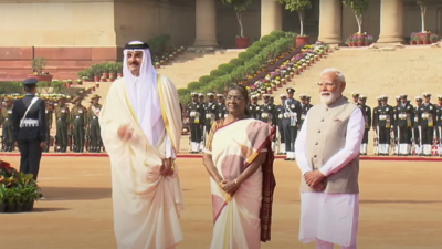 Watch: Qatar Amir Sheikh Tamim Bin Hamad AL Thani receives ceremonial welcome in presence of PM Modi, President Murmu at Rashtrapati Bhavan