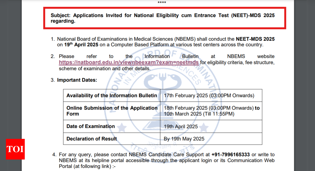 NEET MDS 2025 registration begins at natboard.edu.in, direct link to apply here - The Times of India