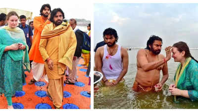 Pawan Kalyan takes a holy dip at Triveni Sangam with wife Anna Lezhneva and son Akira Nandan