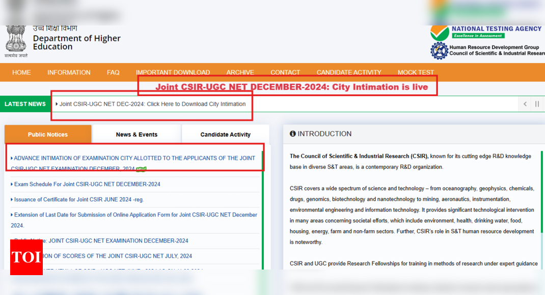 CSIR UGC NET December 2024 city intimation slip released: Direct link to download here