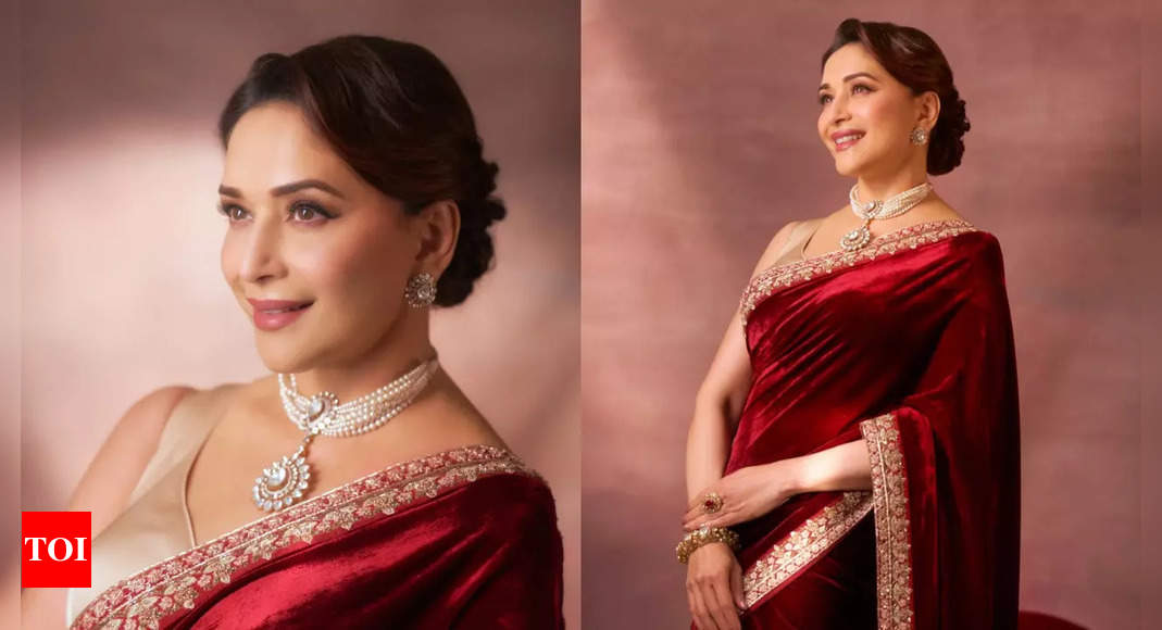 Madhuri Dixit's wine-red velvet saree is perfect for the shaadi season