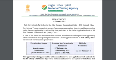 NTA issues notice on JEE Main Session 2 correction window: Key dates, editable fields, and important details here