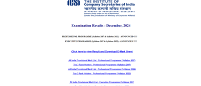 ICSI CS Executive December 2024 result declared: Direct link to download scorecards here