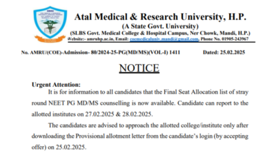 HP NEET PG Counselling 2024 stray vacancy seat allotment result out: Check details here