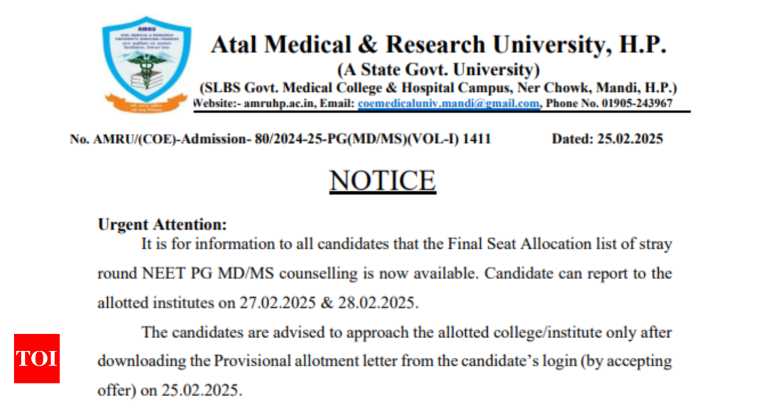 HP NEET PG Counselling 2024 stray vacancy seat allotment result out: Check details here