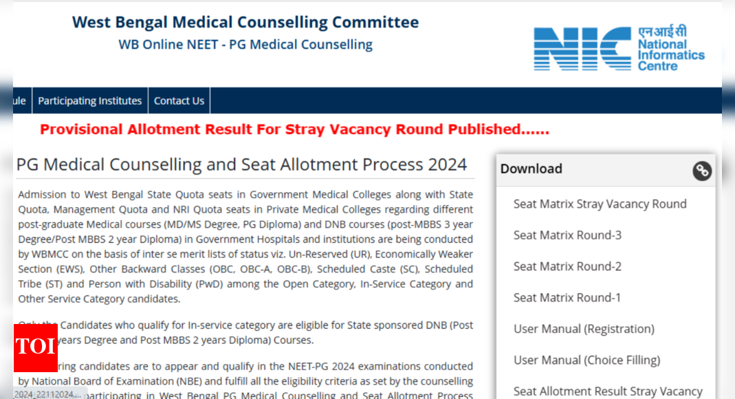 West Bengal NEET PG counselling2024 stray vacancy round provisional allotment result out at wbmcc.nic.in: Check direct link here - The Times of India