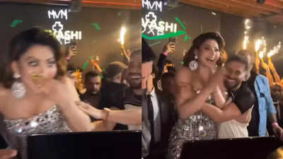 Urvashi Rautela loses balance as Orry pushes her while dancing to 'Dabidi Dibidi' at her birthday bash; Ananya Panday reacts