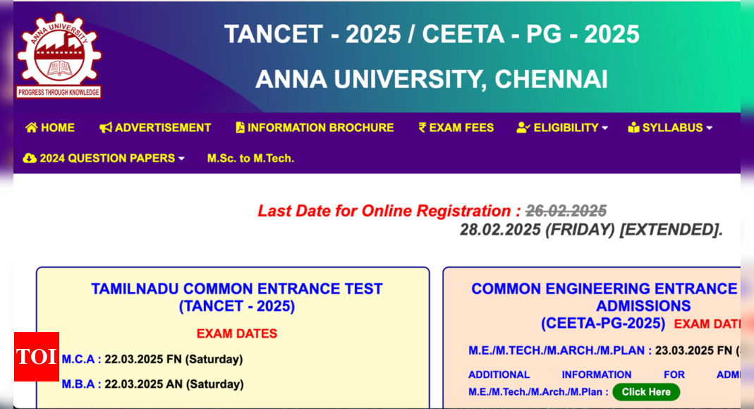 TANCET 2025, CEETA-PG registration deadline extended, direct link to apply at annauniv.edu - The Times of India