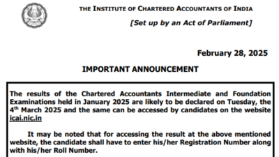 ICAI CA January 2025 Intermediate and Foundation result likely to be out on March 4, check official notice