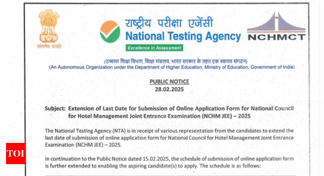 NCHM JEE 2025 registration deadline extended till March 15, check notice here