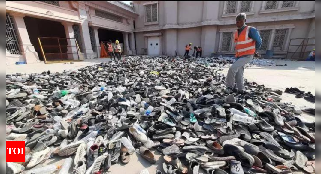 Change in exit route results in piles of abandoned footwear at Ram temple